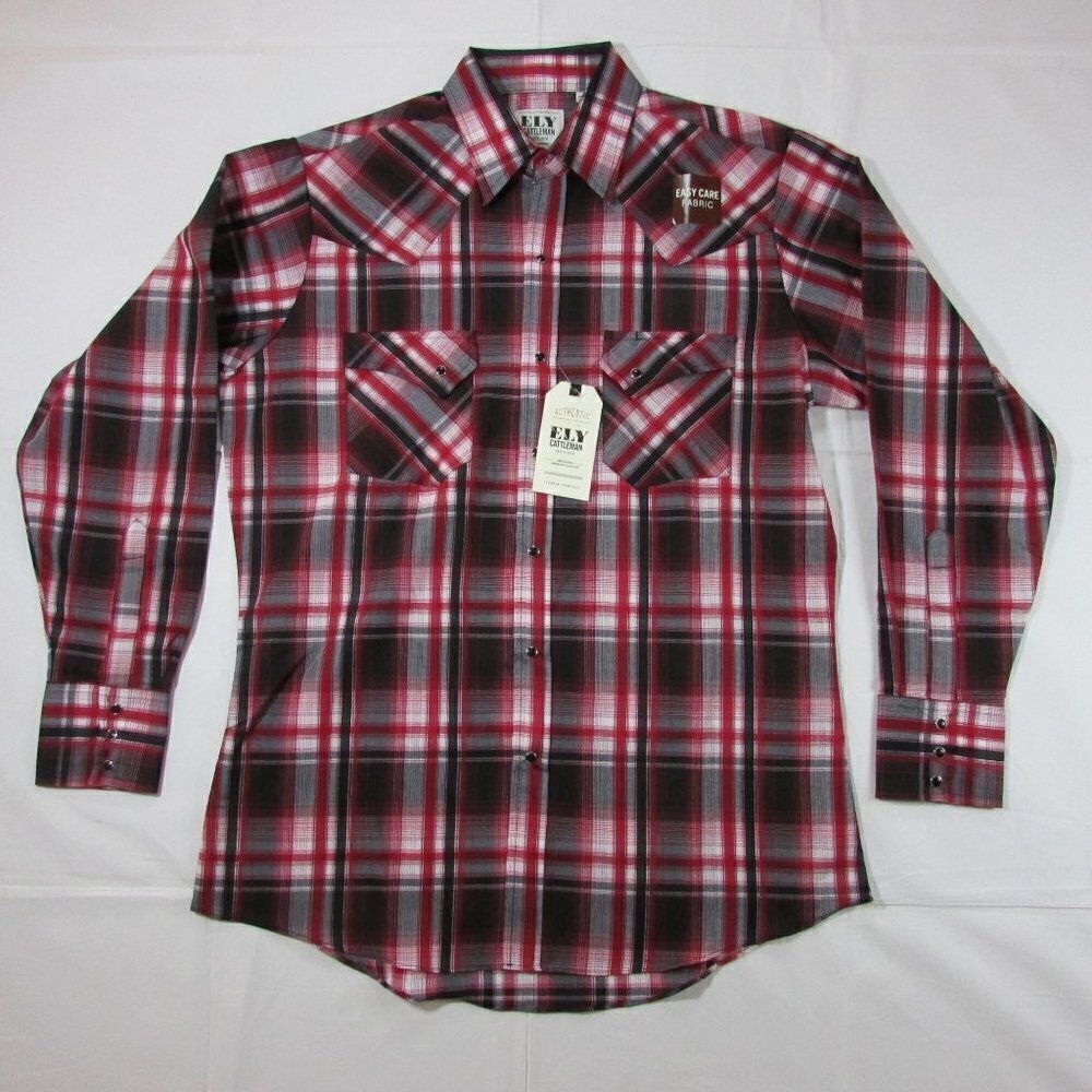 Ely Cattleman Men's MD Long Sleeve Plaid Western Snap Shirt - Red/Black/Gray